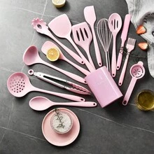 Ensemble de 15 pièces d'ustensiles de cuisine antiadhésifs en silicone, comprenant une spatule, une louche et des ustensiles résistants aux hautes températures, idéal pour les poêles revêtues. - Rose bonbon - Voir 1