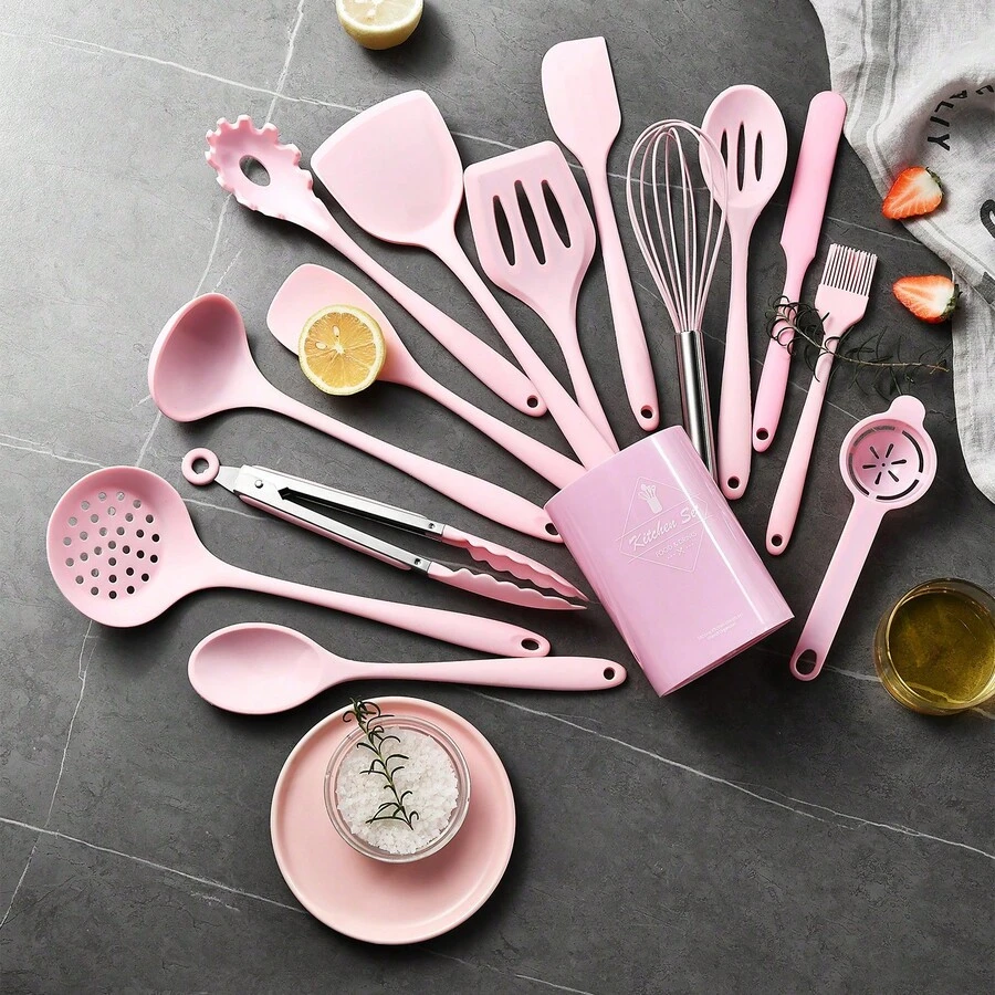 Ensemble de 15 pièces d'ustensiles de cuisine antiadhésifs en silicone, comprenant une spatule, une louche et des ustensiles résistants aux hautes températures, idéal pour les poêles revêtues. - Rose bonbon - Voir 1
