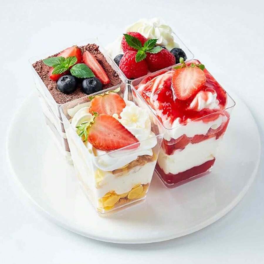 100/50/25/15个装方形透明塑料甜点杯 - 防漏慕斯、果冻和开胃菜容器,适用于派对、生日、婚礼 - 透明 - 查看 1