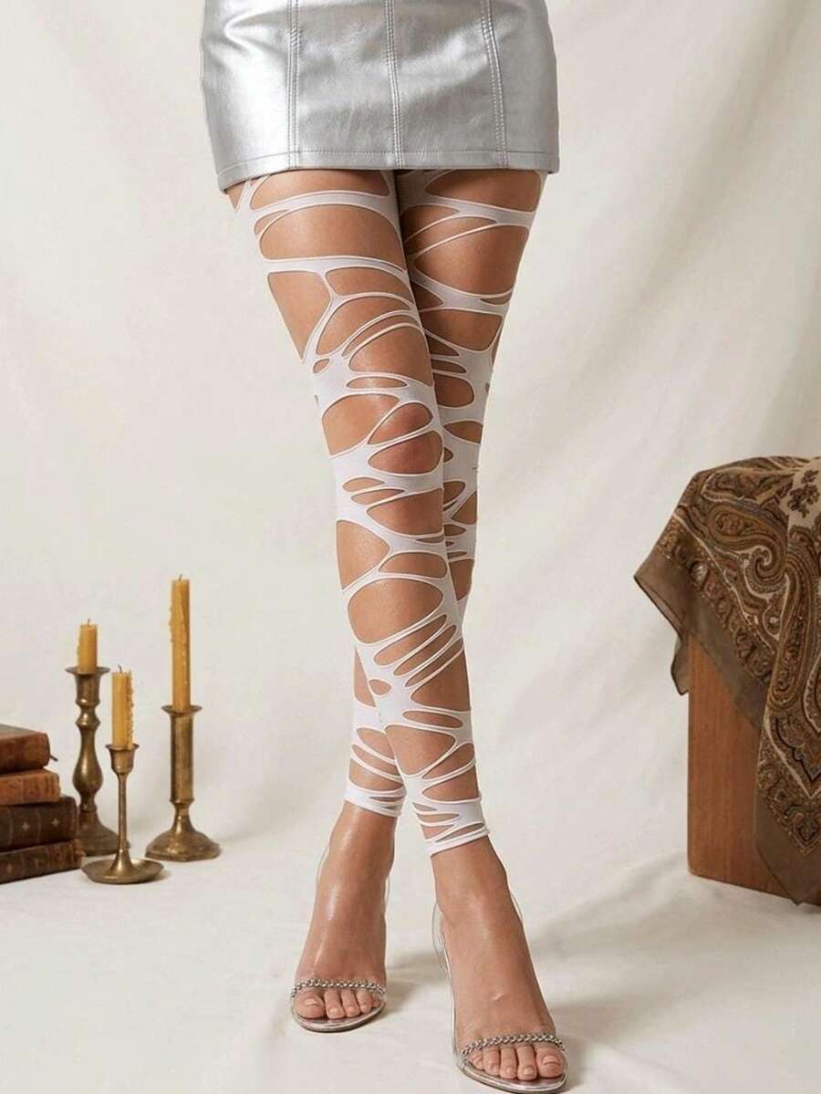1 paire de leggings noirs et blancs asymétriques déchirés et ajourés, bas sexy perforés, collants élastiques style punk Y2K, convenant pour les fêtes et la tenue de rue - Blanc - Voir 1