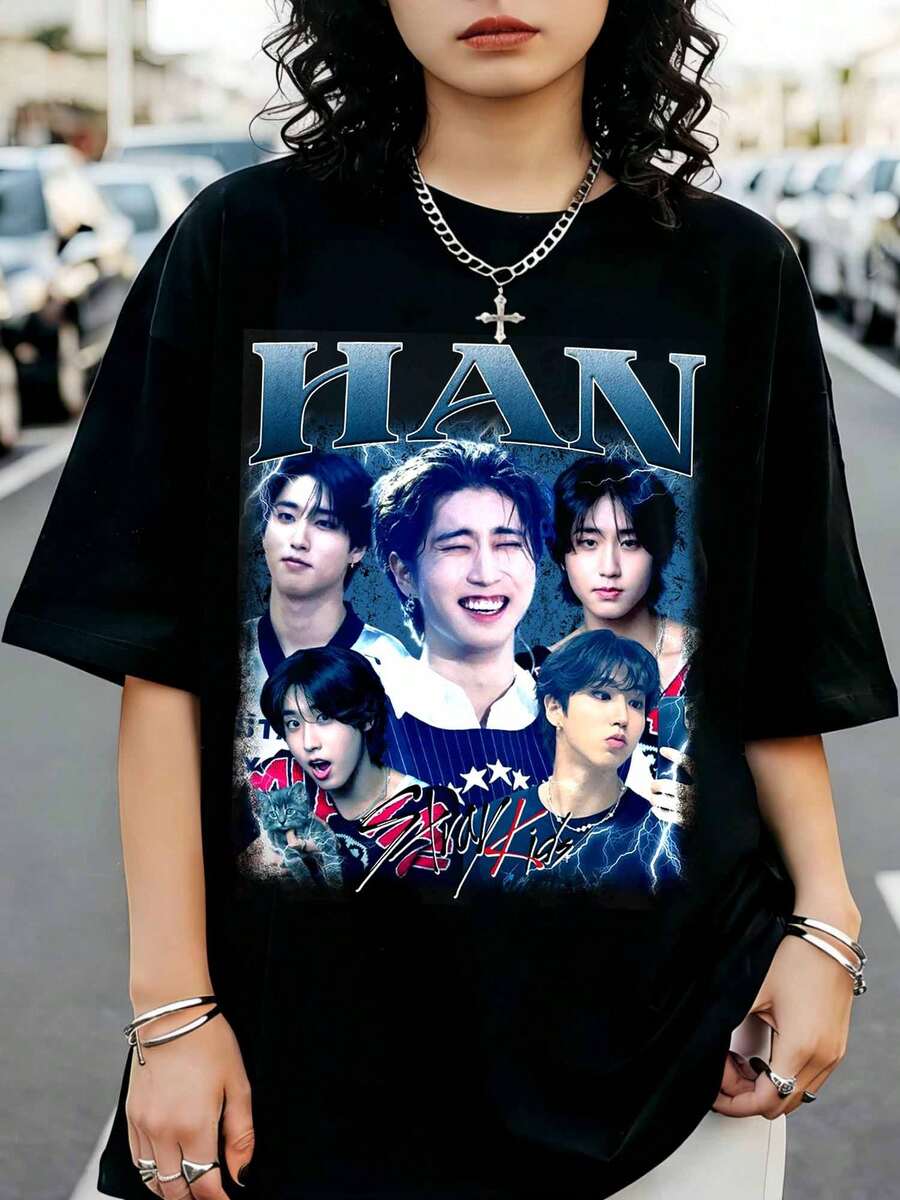HanS Jisung StraySKidsS Bootleg Graphic Tee, K-Pop Inspired Fan Shirt - Black - View 1