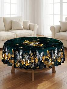 1 buc. față de masă verde cu imprimeu floral și fluturi auriu și argintiu, pentru masă de dining dreptunghiulară/rotundă, fundal verde închis și negru, stil vintage de lux, impermeabilă, rezistentă la ulei și pete, lavabilă, pentru living, măsuță de cafea, terasă, nuntă, petrecere, decor de acasă - Multicolor - Vizualizare 1