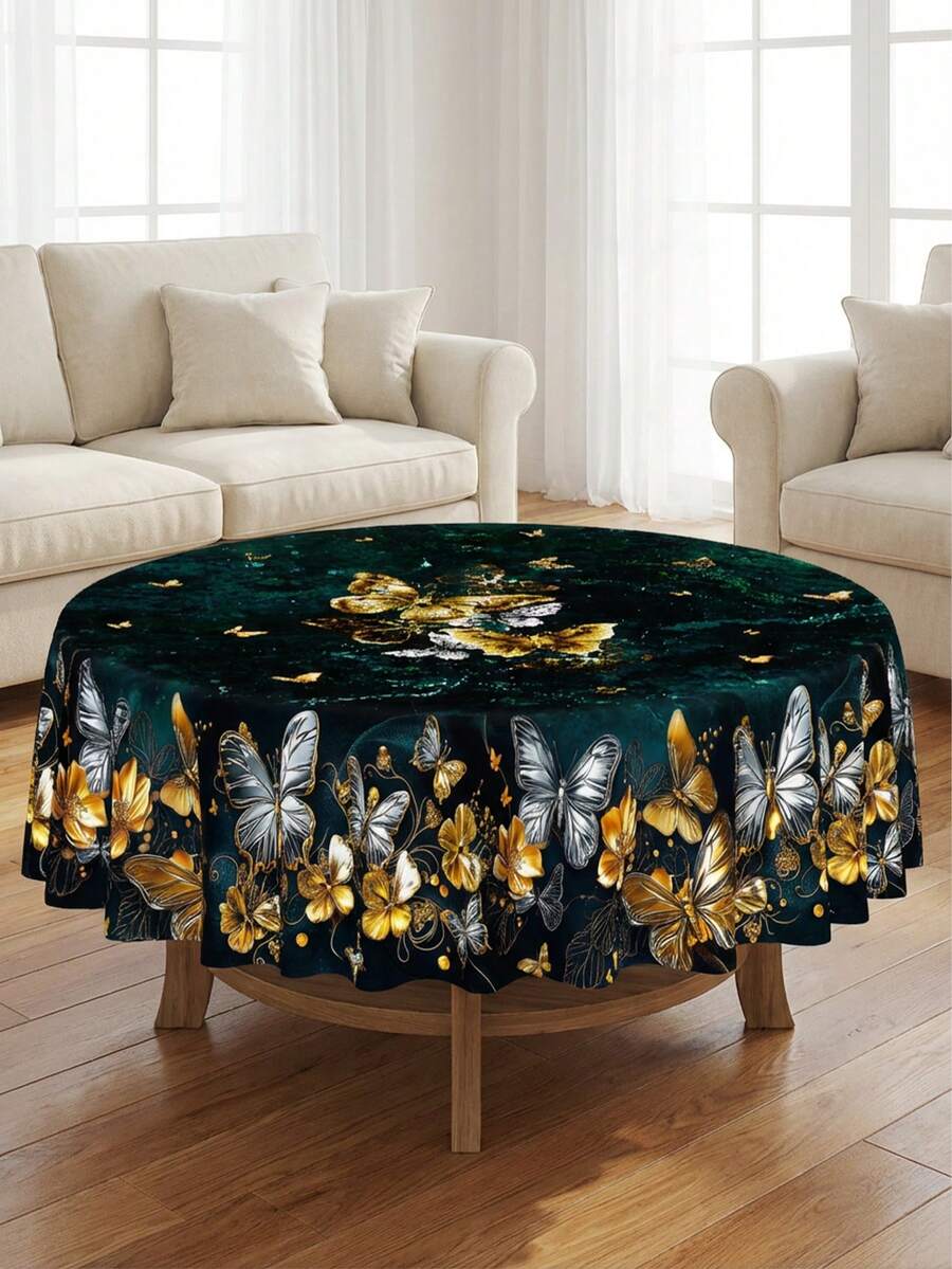 1 buc. față de masă verde cu imprimeu floral și fluturi auriu și argintiu, pentru masă de dining dreptunghiulară/rotundă, fundal verde închis și negru, stil vintage de lux, impermeabilă, rezistentă la ulei și pete, lavabilă, pentru living, măsuță de cafea, terasă, nuntă, petrecere, decor de acasă - Multicolor - Vizualizare 1