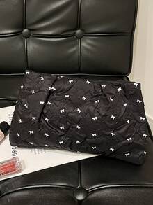 春夏新款时尚手拿包，蝴蝶结图案，撞色设计，褶皱云朵包，纯色休闲信封包，化妆包，旅行配件包，内衬包，洗漱包，收纳袋，铅笔盒 - 黑色 - 查看 5
