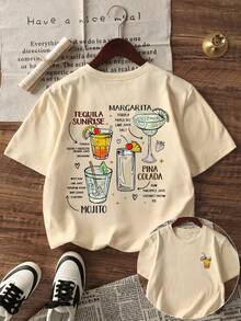 Women's Summer Cocktail & Slogan Graphic Round Neck Short Sleeve T-Shirt, Casual Loose Versatile Vacation Style Top, Fashionable Summer Daily & Holiday Wear - Apricot - View 4