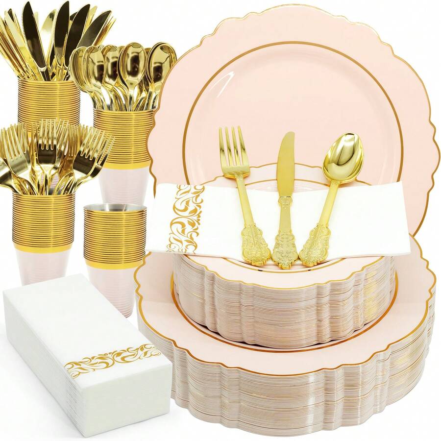 350PCS Pink Gold Plastic Plates For Party Dinnerware Sets For 50 Guests, Vintage Disposable Plastic Party Plates Cups Spoons Forks Knives Napkins For Wedding Birthday Christmas BBQ Parties - Rượu sâm banh - Xem 1