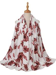 1pc Women's Pearl Chiffon Floral Print Fresh Scarf, Muslim Hijab Scarf - Watermelon Pink - View 2