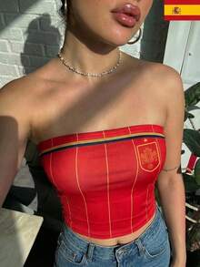 女士休闲西班牙网纱无肩带露脐背心，印有国旗图案，Blokecore风格，透气凉爽，适合春夏穿着，运动时尚，比赛日必备单品，世界杯观赛服，女式世界杯观赛衫，夏季上衣，女士户外上衣，2026年世界杯 - 紅色 - 查看 1