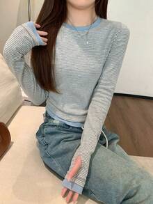 Women's Autumn/Winter Slim Fit Contrast Color Striped 2-In-1 Long Sleeve T-Shirt Casual Style - Grey - View 8