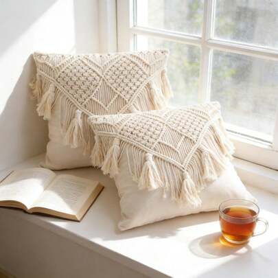 1 chiếc vỏ gối trang trí kiểu Boho thắt nút Macrame, có tua rua, dùng trang trí nhà cửa, ghế sofa, phòng ngủ, bệ cửa sổ, làm thủ công, kích thước 45x45cm - Không bao gồm ruột gối.