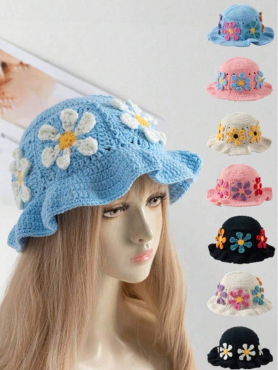 1顶女士时尚Y2K手工钩编3D向日葵渔夫帽，适合秋冬季日常佩戴 - 彩色 - 查看 1