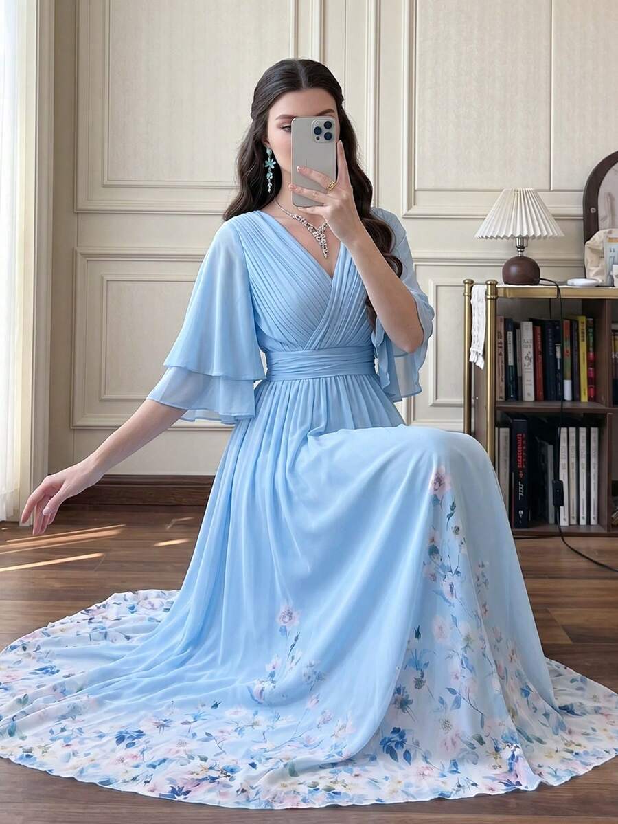 Elegant Women's Long Dress, Pleated Bust Overlapping Collar, 3/4 Sleeve, Printed Hem, Suitable For Summer, Vacation, Soft Dress Spring - Baby Blue - View 1