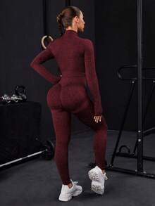 Seamless Zip-Up Tracksuit With Thumb Holes - Burgundy - View 4