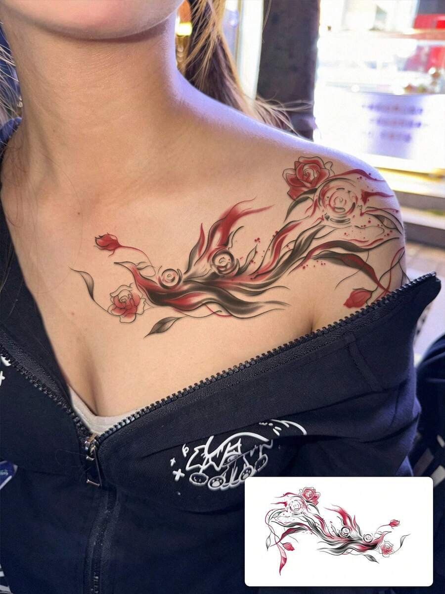 1pc Waterproof Temporary Tattoo, Ink Wash Style Red & Black Rose Design, Lasting 2-3 Days, Suitable For Collarbone/Neck Decoration, INS Style,Sketch Style - Multicolor - View 1