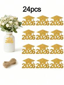 1/12/24 piezas Decoraciones para Fiesta de Graduación 2026 - Etiquetas de Gorro de Graduación con Brillo, Centros de Mesa de Florero de Papel Colorido, Material de Papel, Adecuado para Centros de Mesa de Ceremonia de Graduación, Decoración de Fiesta de Graduación - Multicolor - Ver 14