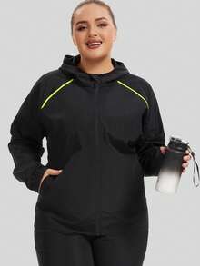 Chaqueta cortavientos e impermeable para mujer de talla grande (1 pieza), cortavientos ligero e impermeable con capucha, mangas largas, bolsillos con cremallera, ideal para deportes. - Negro - Ver 5