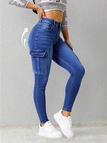1 par de vaqueros con efecto lavado, diseñados para mujeres que buscan un estilo urbano y chic, la elección perfecta para el día a día. - Azul - Ver 4