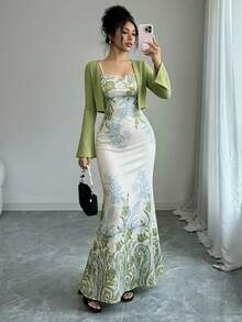 女士优雅纯色喇叭袖针织开衫+修身印花连衣裙，两件套，适合情人节、休闲派对和春季穿着。 - 彩色 - 查看 1