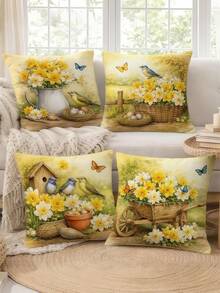 2D Plano 4 piezas Fundas de cojín vintage con flores y pájaros de primavera, fundas de cojín decorativas cómodas en amarillo-verde, impresión de un solo lado, adecuadas para sala de estar, dormitorio, sofá, decoración de cama, rellenos de cojín no incluidos - Mostaza Amarilla - Ver 1