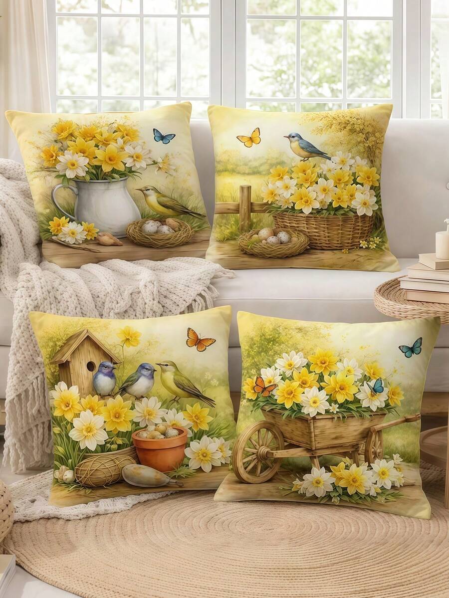 2D Plano 4 piezas Fundas de cojín vintage con flores y pájaros de primavera, fundas de cojín decorativas cómodas en amarillo-verde, impresión de un solo lado, adecuadas para sala de estar, dormitorio, sofá, decoración de cama, rellenos de cojín no incluidos - Mostaza Amarilla - Ver 1
