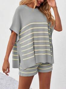 Women's Striped 2 Piece Outfits Oversized Batwing Short Sleeve Tops High Waisted Shorts Summer Knit Lounge Short Sets - Light Grey - View 3