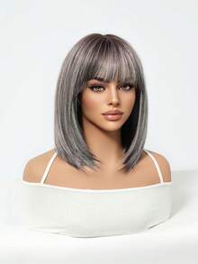 Peluca bob gris con flequillo, peluca de cabello corto y liso resistente al calor sintético para mujeres, aspecto natural para uso diario, fiesta y cosplay - Gris Oscuro - Ver 4