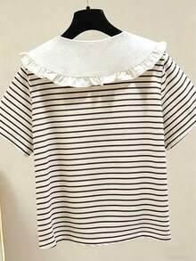 Girls' Ruffled Striped Short Sleeve Blouse, Sweet Back To School Shirt For Toddler & Big Girls - Coffee Brown - View 4