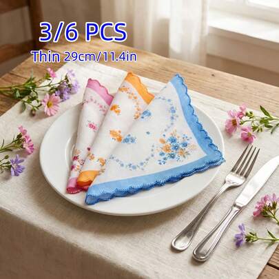 3/6pcs Lightweight Women's Fabric Handkerchiefs, Vintage Floral Wave Edged Handkerchiefs, Assorted Patterns, Hand Wash Or Dry Clean, Square, Women's Pocket Handkerchiefs, 29CM/11.4IN