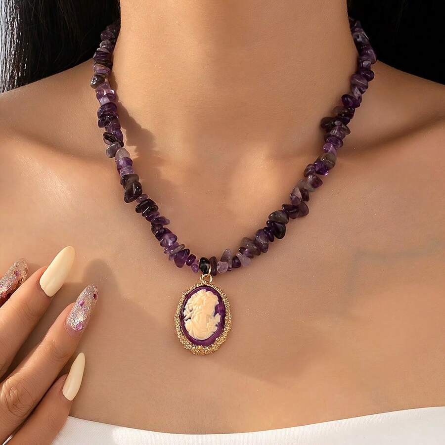 A Stylish And Minimalist Stone Necklace Women Featuring A Floating Beauty Design - 黑色 - 查看 1
