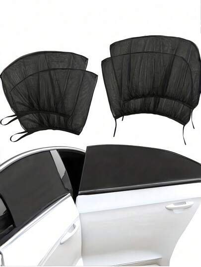 4套汽车遮阳帘 - 黑色网状汽车遮阳帘，采用耐用材料制成，易于安装和拆卸，适用于前后车窗以及房车遮阳。适合旅行/远足露营。仅停车时使用。前挡风玻璃两片，后挡风玻璃两片。