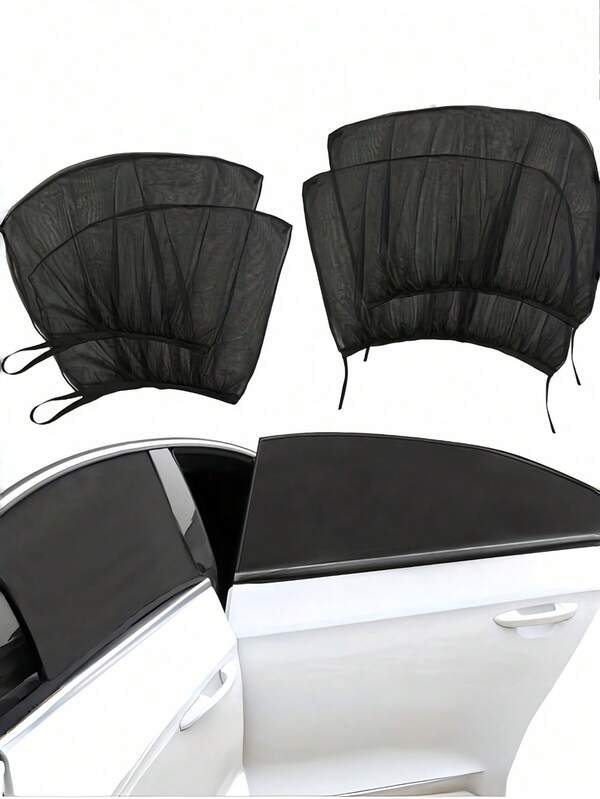 4 set di parasole per auto - parasole in rete nera per auto, realizzato in materiale durevole, facile da installare e rimuovere, adatto per finestrini anteriori e posteriori nonché per roulotte. Adatto per viaggi/campeggio in orizzontale. Da utilizzare solo quando parcheggiato. Due per il parabrezza anteriore e due per i finestrini posteriori.