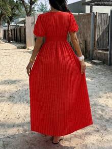PoPoHouse Women's Solid Color Elegant V-Neck Puff Sleeve Dress, Suitable For Resort Wear, Spring/Summer Red - Red - View 2