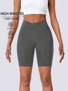 Seitentaschen Einfarbige Kreuz-Taille Damen Sport Shorts, Hohe Taille Lifting Yoga Shorts für Fitness, Pilates, Outdoor Laufen, Radfahren, Lässig Zuhause - Grau - Übersicht 3
