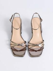 Women's Square Toe Sandals, Chunky Heel Open Toe One-Strap Fashion Minimalist Versatile Elegant High Heel Shoes For Vacation - Grey - View 7