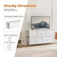 Sweetcrispy 5 Dresser Chest Bedroom, Metal Frame And Wood Top TV Stand Up To 40 Inch With Fabric Storage Drawer Units Living Room - 白色 - 查看 7
