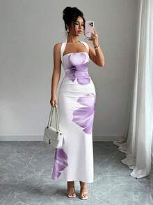 Vestido midi estampado de verano 2025 para mujer, con cuello halter y cintura ajustada. - Púrpura malva - Ver 12