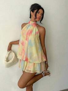 Vestido mini elegante de mujer con cuello halter y lazo en color amarillo claro - Amarillo claro 2 - Ver 3