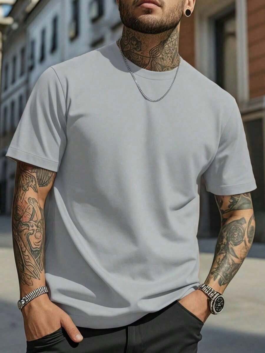 Men's Solid Color Short Sleeve T-Shirt, Comfortable, Breathable, For Summer. - 淺灰色 - 查看 1