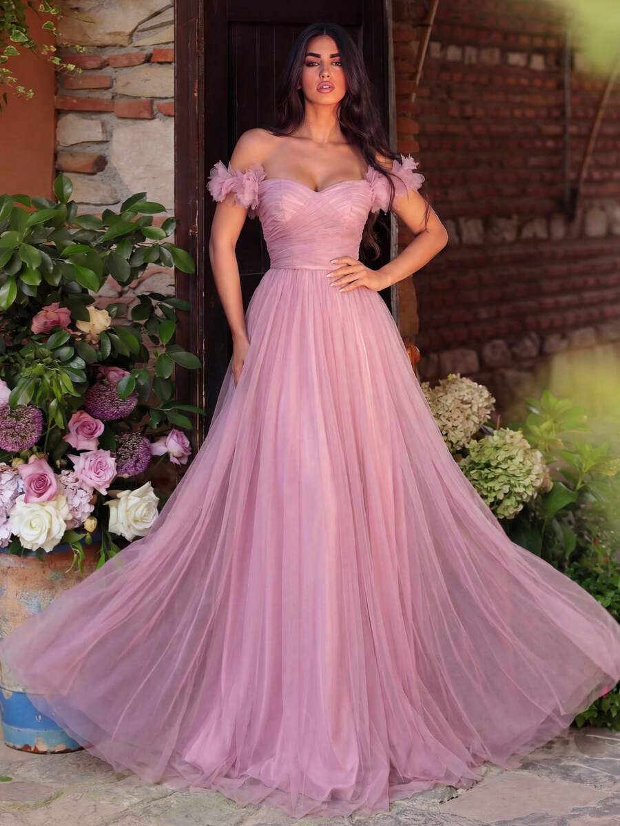 Faeriesty Luxe Elegant Open Shoulder Mesh Evening Gown, High Slit Design | Suitable For Formal Galas, Forest Green Weddings, And Grand Balls Party Spring