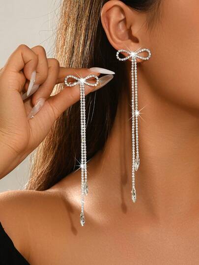 1 Paar Luxus Kristall Schleife Ohrringe, lange lineare Strass Quaste Hängeohrringe, blei- und nickelfrei, geeignet für Braut, Hochzeit, Gala, Feiertags-Schmuck