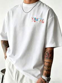[Men's Plus Size Derivative]1pc Men's Plus Size Zrgoth Fashion Versatile "TOKYO" English Slogan Tokyo Element Print Short Sleeve T-Shirt, Thin Fabric, This Style Is Very Plus Size, Size Recommendation Details In Main Image, Please Check Size Carefully Before Ordering To Avoid Fit Issues!!! - White - View 2