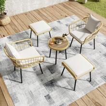 5-Piece Garden Lounge Set, Consisting Of 1 Dining Table, 2 Chairs, 2 Stools, Furniture, Rattan, Natural - 白色+自然色 - 查看 3
