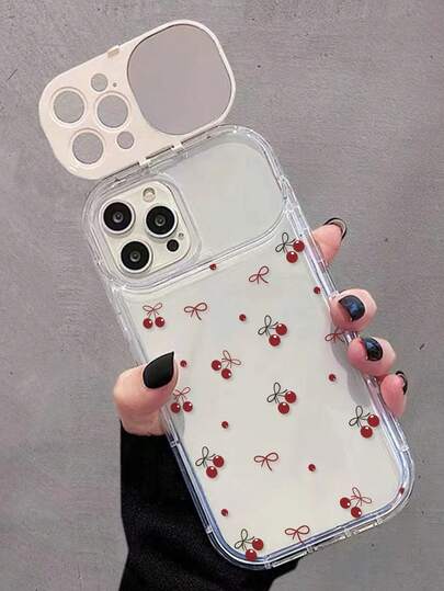 1个白色TPU蝴蝶结樱桃彩绘翻盖镜面极简手机壳，带镜面支架，防震保护套，兼容 17 Pro/17 Air/17/17 Pro Max、16/11/16 Pro/16 Plus/16 Pro Max/16 e/15 Pro Max/13/14/12/XS/XR/7G/8 Plus/XR/7/8，彩绘软壳，适用于 15 Pro Max、13、14、11、X、12、14