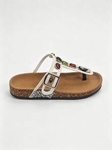2026 Summer New Wide Fit Dopamine Colorful Rhinestone Soft Cork Thong Sandals, European And American INS Explosion, Retro Contrast Color Gemstone Thong Sandals, Suitable For Thick Feet, Friendly For Students, Versatile And Affordable - White - View 4