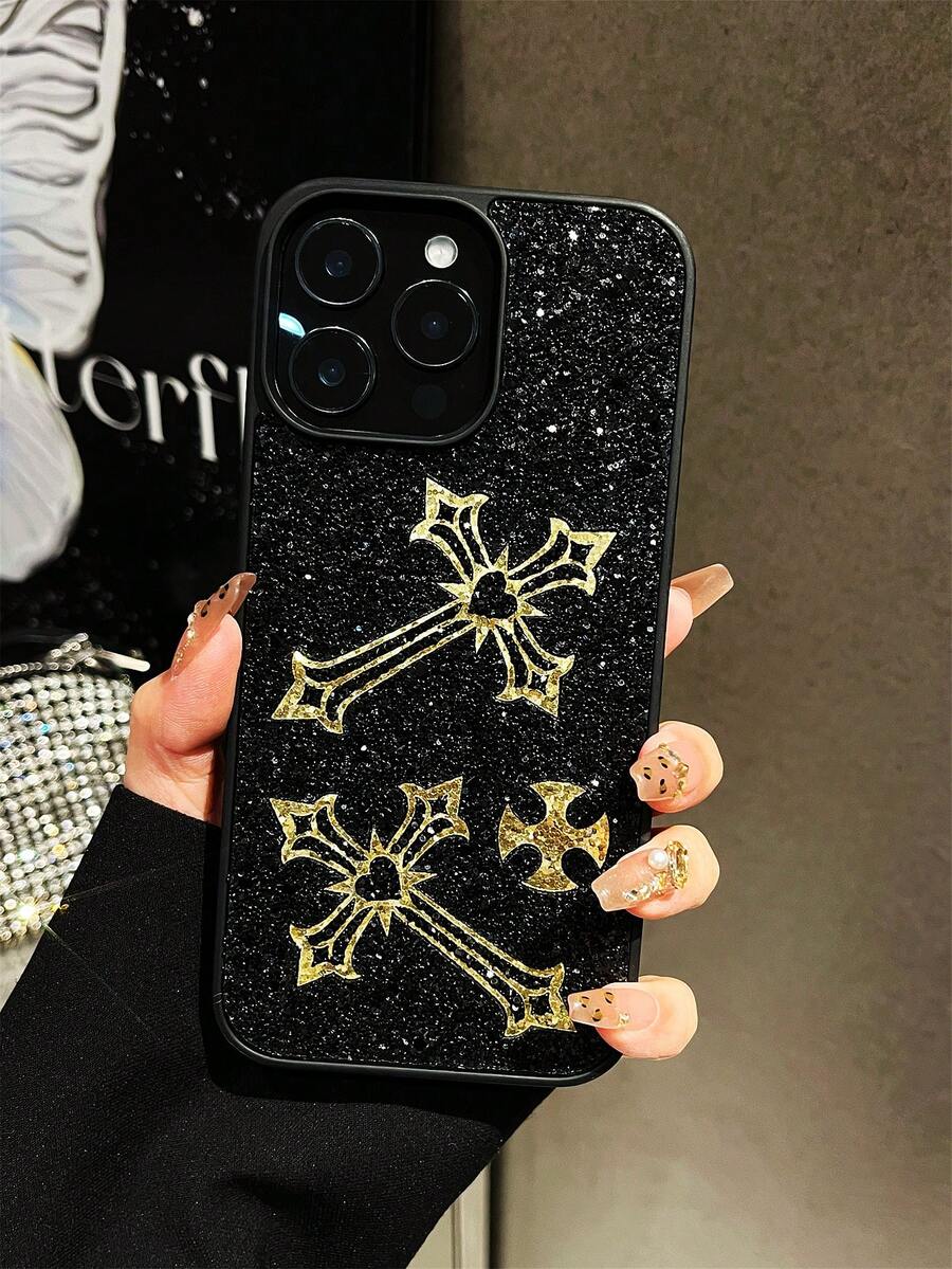 1pc Black Crystal Cross Luxury Retro Gothic Style Phone Case For ICover 17 Pro Max