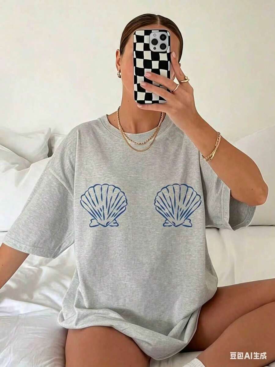 Graphic TeesWomen's Tropical Shell Print Casual T-Shirt - High Elasticity Round Neck Short Sleeve Top, Machine Washable White Blue Summer Beachwear, All-Season Comfortable Fit, Breathable Fabric, Simple Design, Tops For Women, Vacation Outfits For Women100% CottonWomen's Casual Easter Cotton T-Shirt Soft Breathable Daily Tee - 灰色 - 查看 1