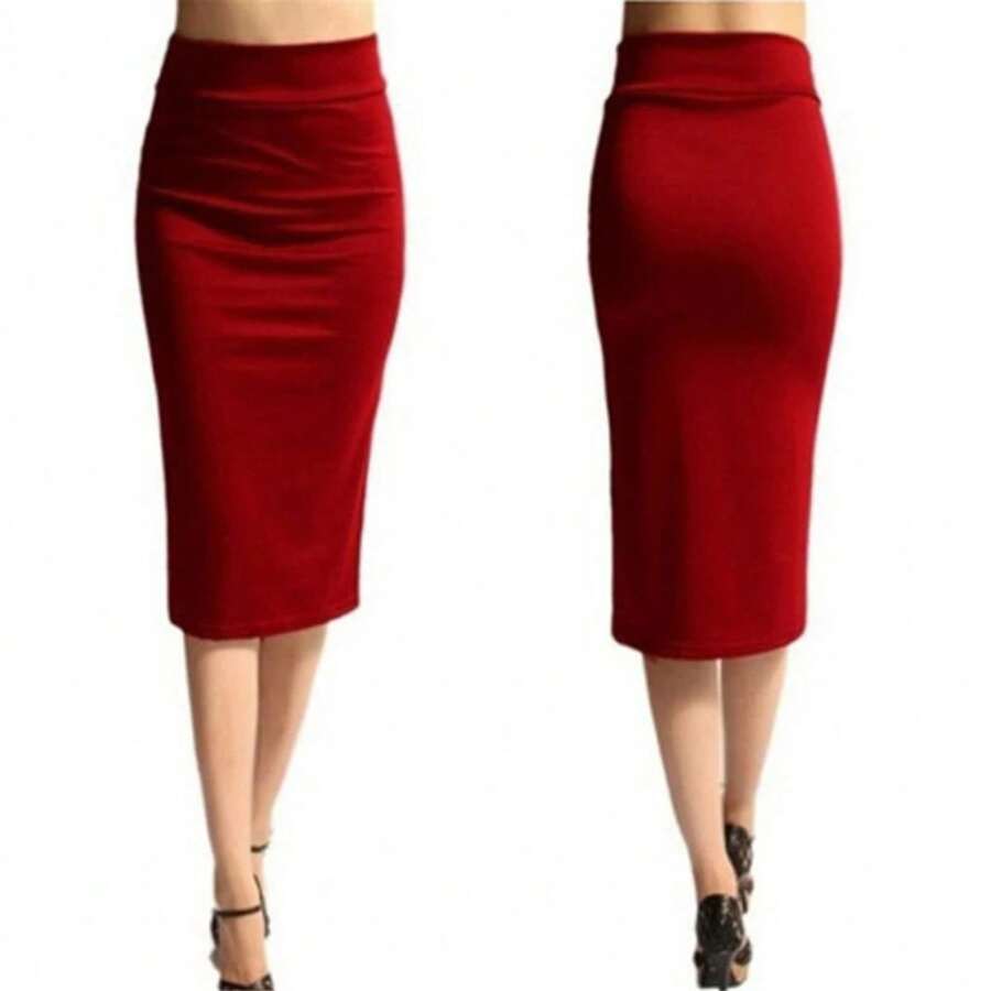 Falda ajustada hasta la rodilla para mujer, Falda de tubo, cintura alta, elástica, Sexy, para oficina - Rojo - Ver 1