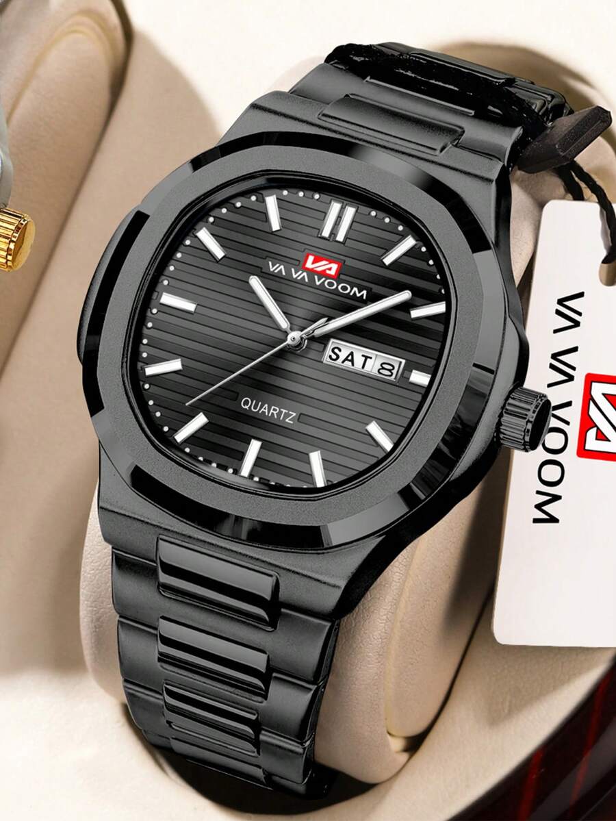 Đồng hồ nam quartz doanh nhân thép không gỉ 43.5mm, đồng hồ thể thao thương hiệu cao cấp, hiển thị ngày & thứ, mặt số sọc dạ quang, chống nước 3bar, quà tặng Valentine