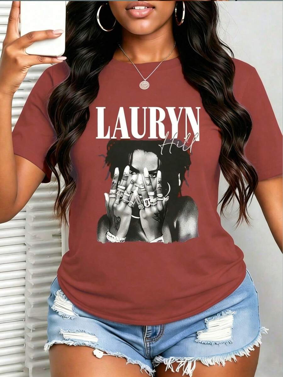 With Ring On Hand - 100% Cotton Women's T-Shirt Lauren Hill Letter Print Y2k Vintage Tee Casual Summer Plus Size Top - Niche Graffiti Prints Shirts - Burgundycolor - 查看 1