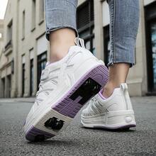 Girls/Boys 4-Wheel Adjustable Inline Skates With Brake, Transformable Roller Shoes, Suitable For All Seasons - White and Purple Four-wheel - View 7